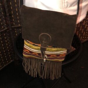 Handmade suede wool, Crossbody, Fringe boho small striped bag